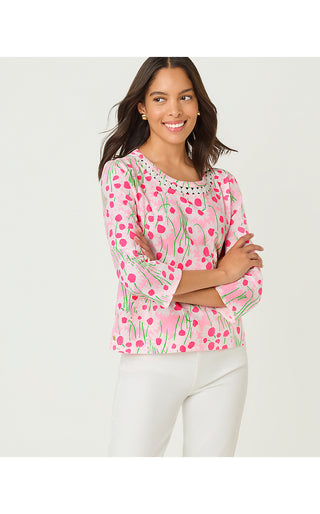 Clairmont 3/4 Sleeved Trimmed Top - Conch Shell Pink Lil Sunny Daisies