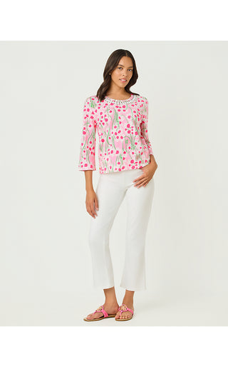 Clairmont 3/4 Sleeved Trimmed Top - Conch Shell Pink Lil Sunny Daisies