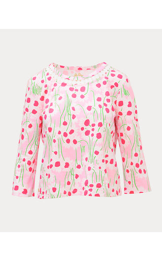 Clairmont 3/4 Sleeved Trimmed Top - Conch Shell Pink Lil Sunny Daisies
