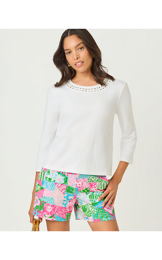 Clairmont 3/4 Sleeved Trimmed Top - Resort White