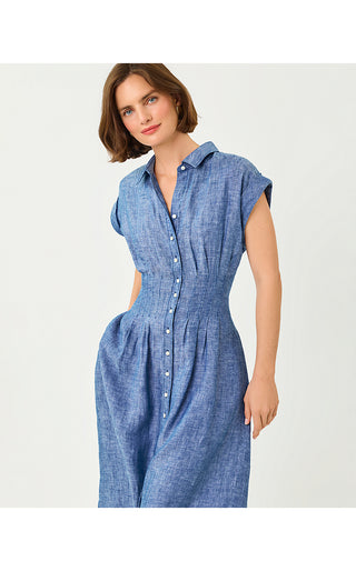 Tonya Linen Midi Shirtdress - Starlight Navy X Resort White