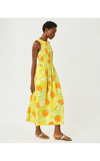 Daisey Smocked Midi Dress - Island Palm Oversized Zesty