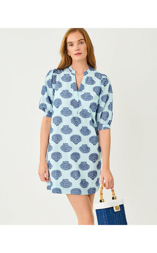 Mialeigh Elbow Sleeve Dress - Day Dream Blue Seashell Jacquard Yarn Dyed Stripe