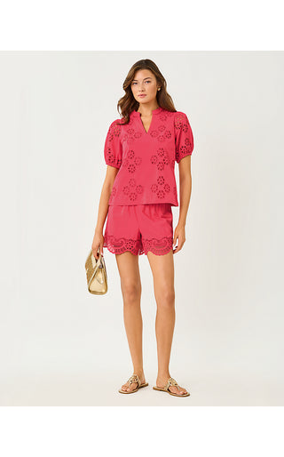 Kilah Eyelet Short - Paradise Punch Medallion Petals Scallop Edge Cambric