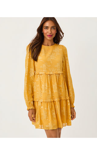 Cecile Dress - Topaz Yellow Falling Floral Viscose Metallic Clip