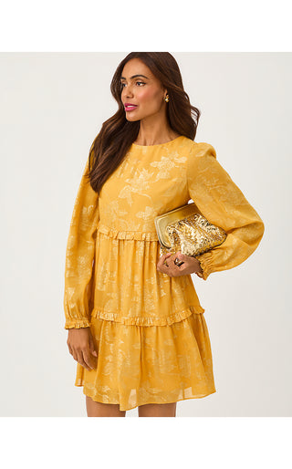 Cecile Dress - Topaz Yellow Falling Floral Viscose Metallic Clip