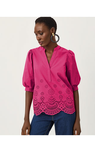 Mialeigh Top - Berry Bouquet Scalloped Eyelet Border Poplin
