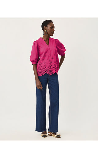Mialeigh Top - Berry Bouquet Scalloped Eyelet Border Poplin