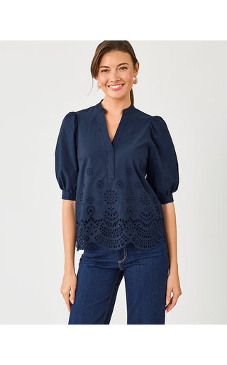 Mialeigh Top - Low Tide Navy Scalloped Eyelet Border Poplin