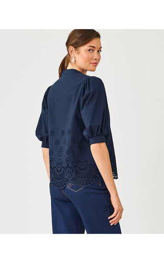 Mialeigh Top - Low Tide Navy Scalloped Eyelet Border Poplin