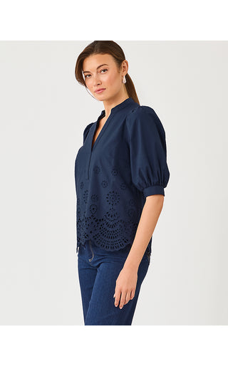 Mialeigh Top - Low Tide Navy Scalloped Eyelet Border Poplin