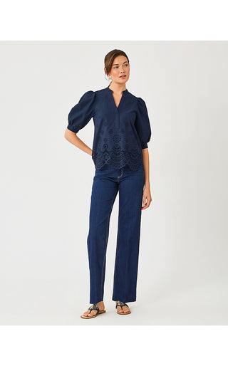 Mialeigh Top - Low Tide Navy Scalloped Eyelet Border Poplin