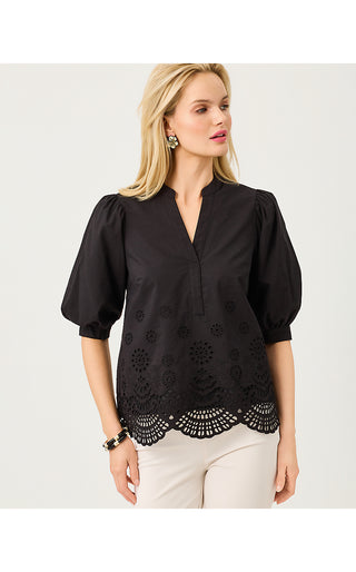 Mialeigh Top - Noir Scalloped Eyelet Border Poplin