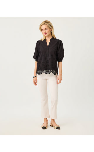 Mialeigh Top - Noir Scalloped Eyelet Border Poplin