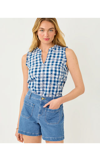 Kavalla Sleeveless Ruffle Top - Starlight Navy Starfishing Embroidered Gingham