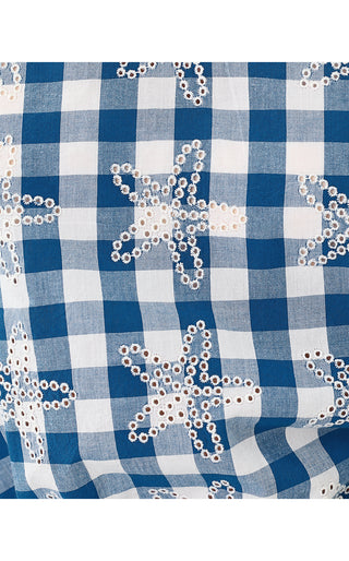 Kavalla Sleeveless Ruffle Top - Starlight Navy Starfishing Embroidered Gingham