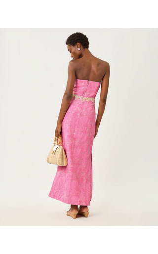 Kristella Maxi Dress - Conch Shell Pink Glitter Crinkle Brocade