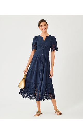 Wayland Midi Dress - Low Tide Navy Scalloped Eyelet Border Poplin