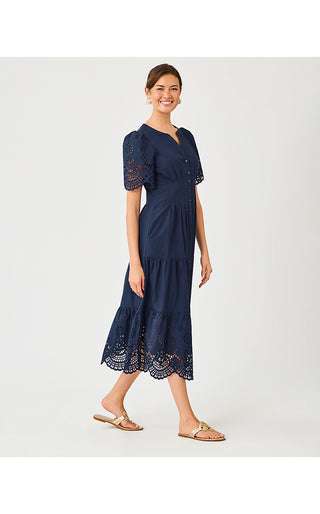 Wayland Midi Dress - Low Tide Navy Scalloped Eyelet Border Poplin