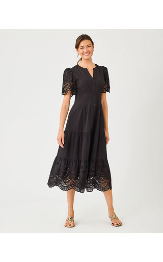 Wayland Midi Dress - Noir Scalloped Eyelet Border Poplin