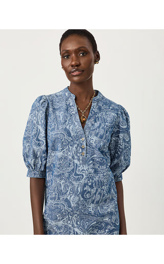Mialeigh Elbow Sleeve Dress - Indigo All Day Chambray Paisley Parade Pigment