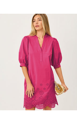Mialeigh Elbow Sleeve Dress - Berry Bouquet Scalloped Eyelet Border Poplin