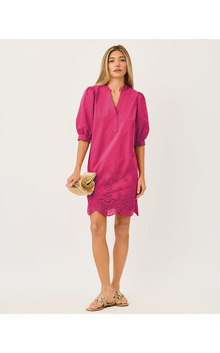 Mialeigh Elbow Sleeve Dress - Berry Bouquet Scalloped Eyelet Border Poplin