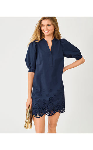 Mialeigh Elbow Sleeve Dress - Low Tide Navy Scalloped Eyelet Border Poplin