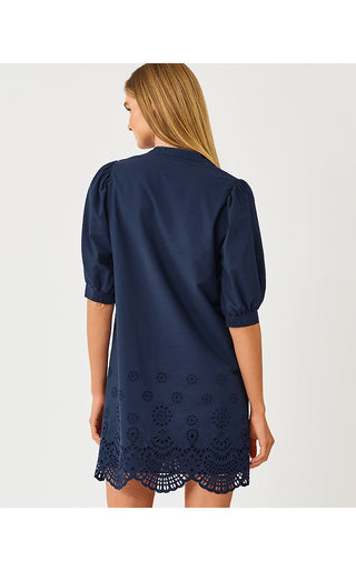 Mialeigh Elbow Sleeve Dress - Low Tide Navy Scalloped Eyelet Border Poplin