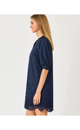 Mialeigh Elbow Sleeve Dress - Low Tide Navy Scalloped Eyelet Border Poplin