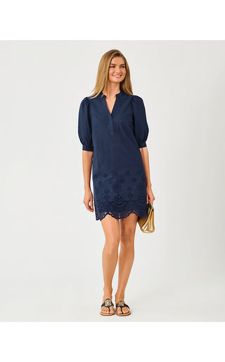 Mialeigh Elbow Sleeve Dress - Low Tide Navy Scalloped Eyelet Border Poplin