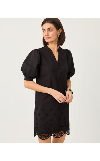 Mialeigh Elbow Sleeve Dress - Noir Scalloped Eyelet Border Poplin
