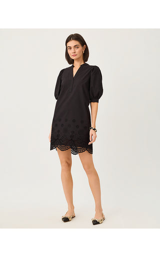 Mialeigh Elbow Sleeve Dress - Noir Scalloped Eyelet Border Poplin